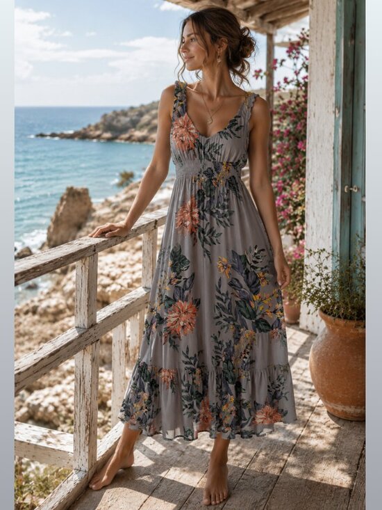 Patrons of Peace Dresses & Skirts - Patrons of Peace Gray Tropical Smocked Midi Maxi Dress M Boho Resort Beachy EUC